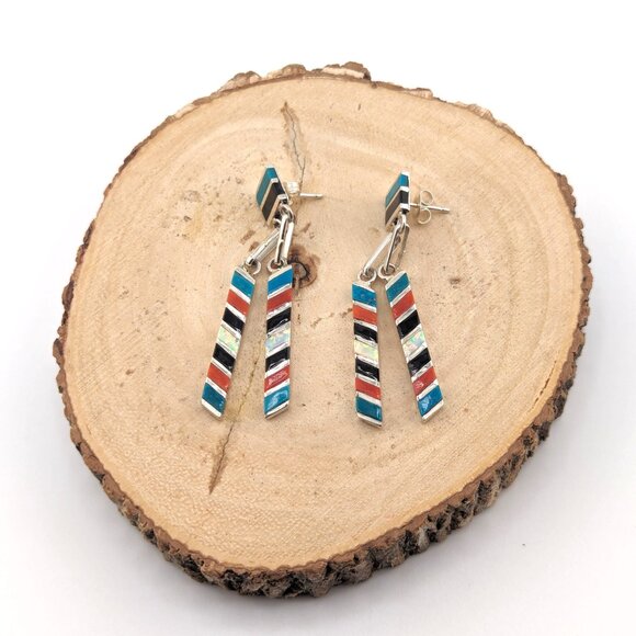Zuni Multi Stones Inlay Dangle Earrings Sterling Silver Handmade Jewelry ** - Picture 4 of 10